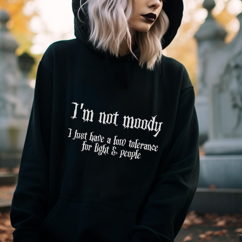 May include: Black hooded sweatshirt with the text "I'm not moody. I just have a low tolerance for light & people." printed in white.