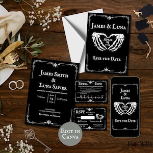 Gothic Wedding Invitation Editable, RSVP Skeleton Printable Download Invite Template Dark Romantic Black Wedding Card, Instant Goth Download