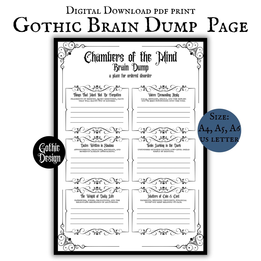 Gothic Brain Dump Page Printable Download Minimalistic Goth Core ...