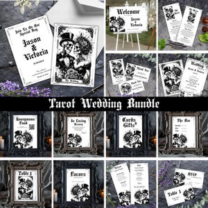 May include: A set of printable wedding stationery featuring a tarot card theme with black and white illustrations of skeletons in various poses. The cards include a welcome sign, RSVP card, table numbers, favours, and more.