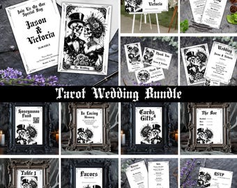 Gotische bruiloft bundel Tarot esthetische bewerkbare sjablonen donkere humeurig Goth kern bruiloft skelet uitnodiging alternatieve Halloween bruiloft teken