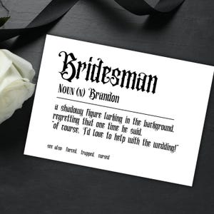 Aangepaste bruidsman voorstelkaart zwarte gotische bruiloft Be My Best Man voorstelkaart grappige donkere bruiloft gepersonaliseerde kaart afdrukbare pdf-download