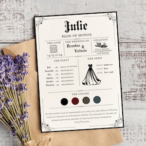 Carte d'informations de demoiselle d'honneur modèle modifiable Carte d'informations de proposition de demoiselle d'honneur de mariage sombre de mauvaise humeur pour la liste de contrôle de mariage de demoiselle d'honneur à télécharger