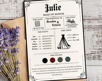 Bridesmaid Information Card Editable Template Dark Moody Wedding Bridesmaid Proposal Info Card for Maid of Honor Wedding Checklist Download