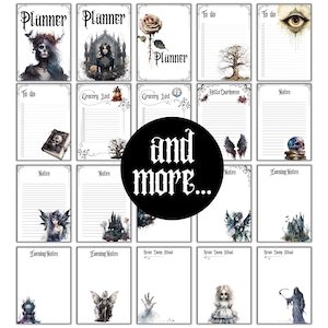 May include: A set of printable planner pages with a gothic theme. The pages feature illustrations of skulls, fairies, and other spooky imagery. The text on the pages includes "Planner", "To do", "Grocery List", "Hello Darkness", "Notes", and "Evening Notes".