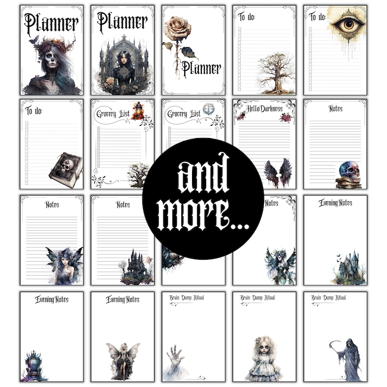 May include: A set of printable planner pages with a gothic theme. The pages feature illustrations of skulls, fairies, and other spooky imagery. The text on the pages includes "Planner", "To do", "Grocery List", "Hello Darkness", "Notes", and "Evening Notes".