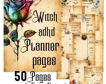 Planificador diario de brujas, páginas A4 imprimibles celestiales para TDAH, planificador mágico pagano para el seguimiento de hábitos, concéntrate en alcanzar tus objetivos de bruja.