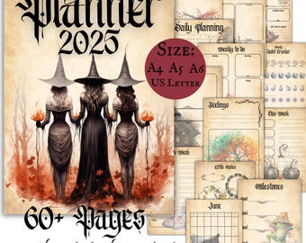 Witchy Planner 2025, Pagan Calendar 2025 Digital Download Pages, Grimoire Pages Printable Witch Core Downloadable Planner Witchcraft Journal