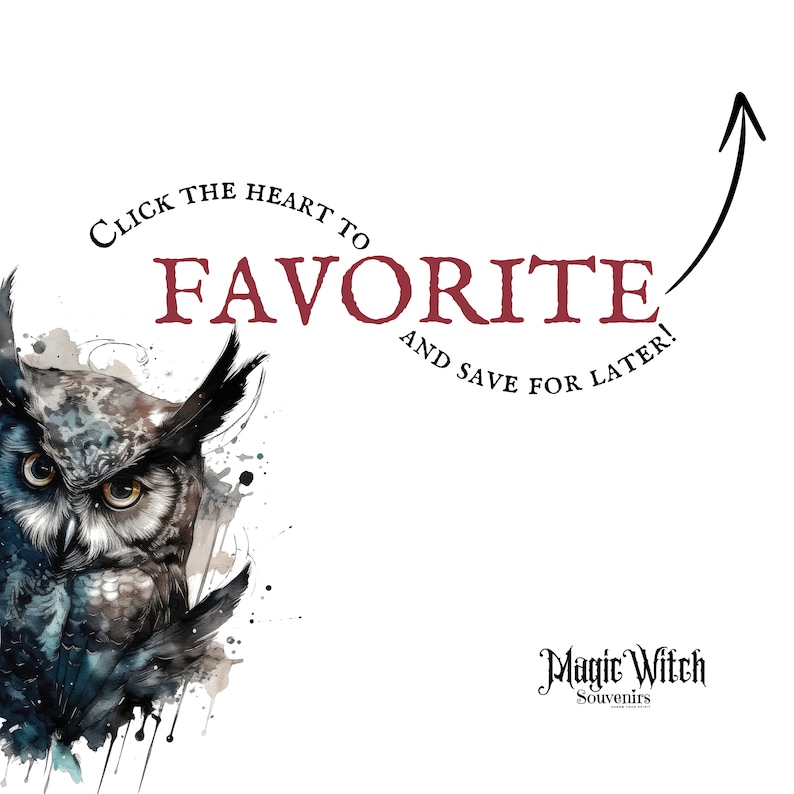 May include: Click the heart to favorite and save for later! Watercolor illustration of an owl with a black and white pattern. The text is in red. Magic Witch Souvenirs.