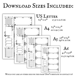 May include: A collection of printable planner pages in various sizes, including US Letter (8.5" x 11"), A4 (8.3" x 11.7"), A5 (5.8" x 8.3"), and A6 (4.1" x 5.8"). Each page features decorative borders and layouts for daily, weekly, and to-do lists. The text "DOWNLOAD SIZES INCLUDED" is at the top.