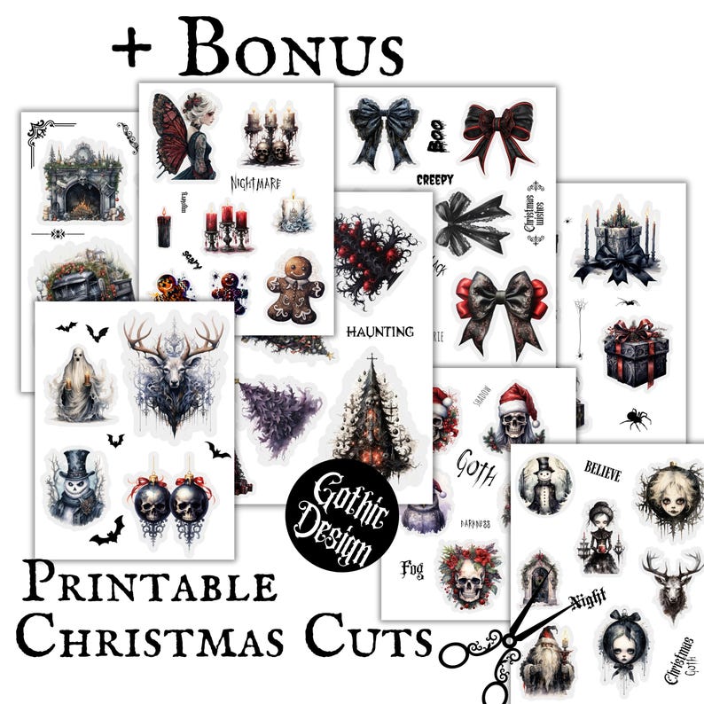 May include: Printable Christmas cutouts featuring a variety of gothic and spooky designs, including a ghost, a deer, a gingerbread man, a skull, a snowman, a Christmas tree, and a bow. The designs are in black, white, red, and green.