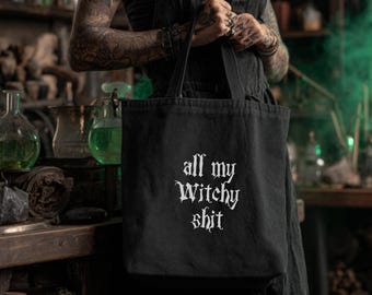 Witchy Funny Tote Bag Dark Academia Black Tote Aesthetic Witchy Gift Bag Black Cotton Canvas Tote Bag Emo Shoulder Bag Witchy Phrase Shopper