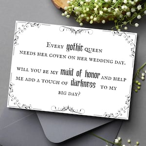 Cartão de proposta de madrinha de casamento gótico pagão Seja meu cartão de madrinha de casamento, cartões engraçados de casamento escuro Seja meu cartão de madrinha de casamento para impressão Download