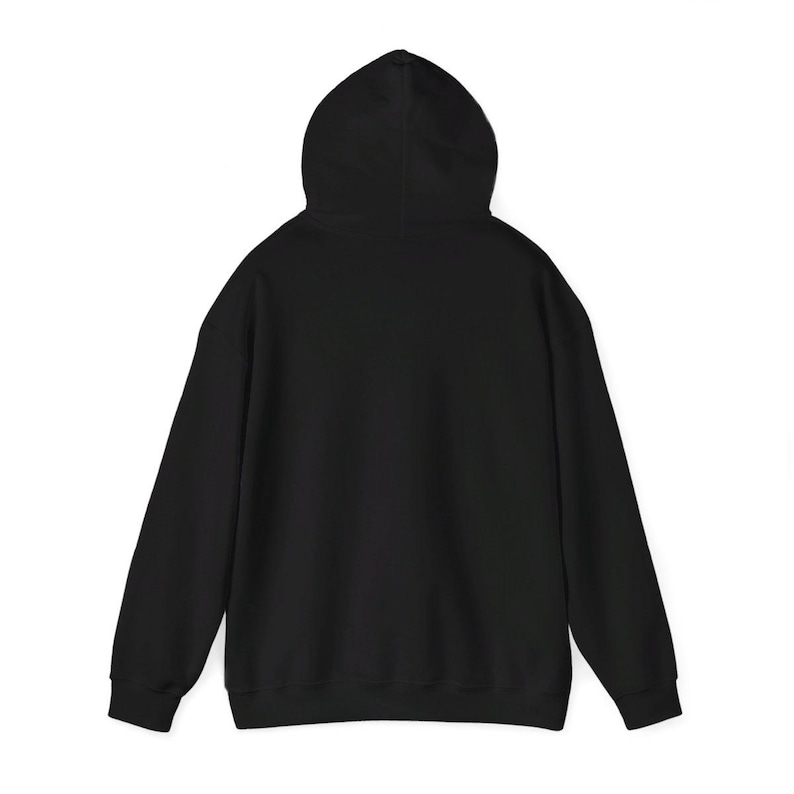 May include: A black hooded sweatshirt with a drawstring hood. The sweatshirt has long sleeves and a kangaroo pocket.