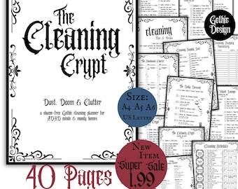 Gothic ADHD-schoonmaakplanner Afdrukbare download pdf-pagina's Dagelijks wekelijks kamer voor kamer Schoonmaakplanner Checklist ADHD-schema Gothplanner