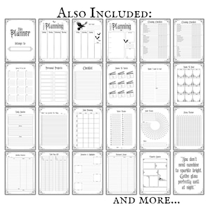 May include: A black and white planner with various pages for planning, checklists, and tracking. The planner includes pages for weekly and daily planning, personal projects, and more. Text includes "this Planner belongs to" and "ALSO INCLUDED:"