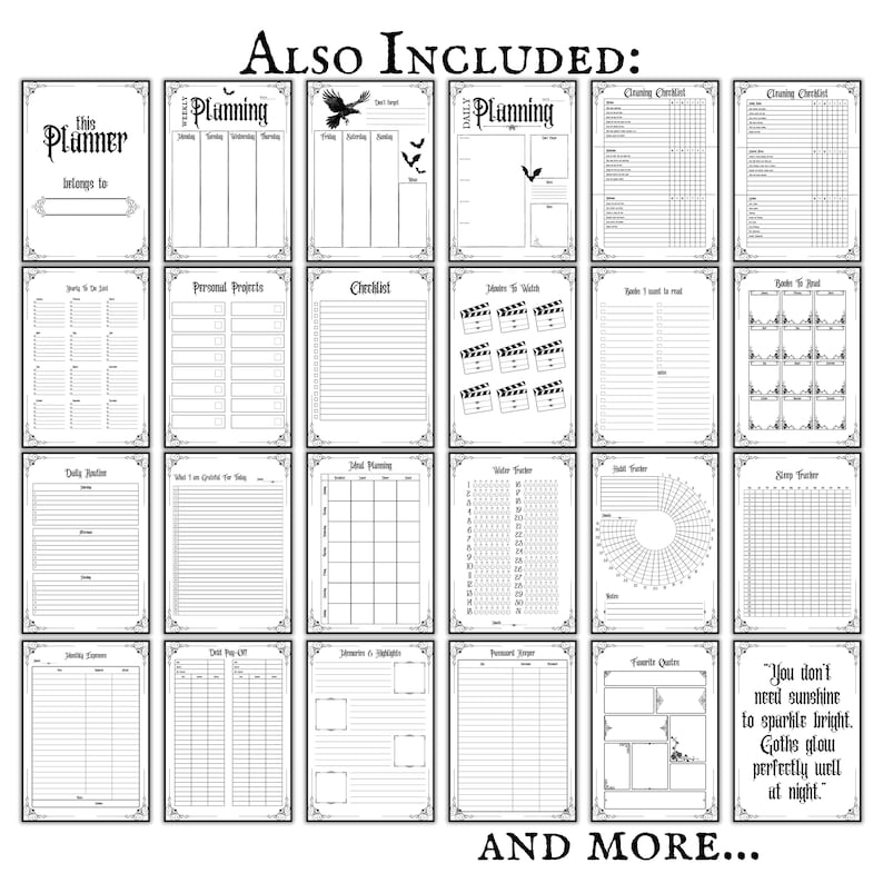 May include: A black and white planner with various pages for planning, checklists, and tracking. The planner includes pages for weekly and daily planning, personal projects, and more. Text includes "this Planner belongs to" and "ALSO INCLUDED:"
