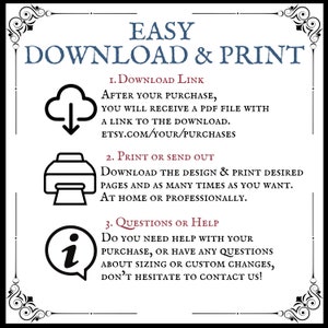 Puede incluir: Gr&aacute;fico en blanco y negro con el texto "DESCARGA E IMPRESI&Oacute;N F&Aacute;CILES". Las instrucciones incluyen la descarga de un archivo PDF, la impresi&oacute;n del dise&ntilde;o y el contacto para obtener ayuda. Adornos decorativos enmarcan el texto.