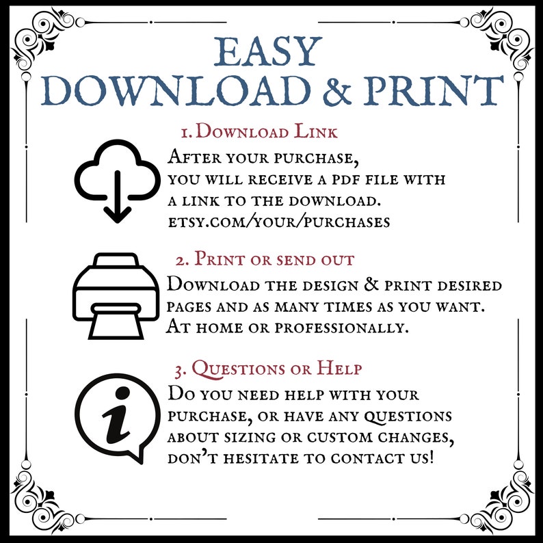 Puede incluir: Gr&aacute;fico en blanco y negro con el texto "DESCARGA E IMPRESI&Oacute;N F&Aacute;CILES". Las instrucciones incluyen la descarga de un archivo PDF, la impresi&oacute;n del dise&ntilde;o y el contacto para obtener ayuda. Adornos decorativos enmarcan el texto.