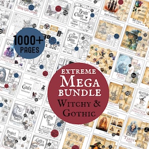May include: A selection of printable digital downloads with a witchy and gothic theme. The bundle includes calendars, planners, journals, and guides. The text on the image reads "Extreme Mega Bundle Witchy & Gothic" and "1000+ Pages".