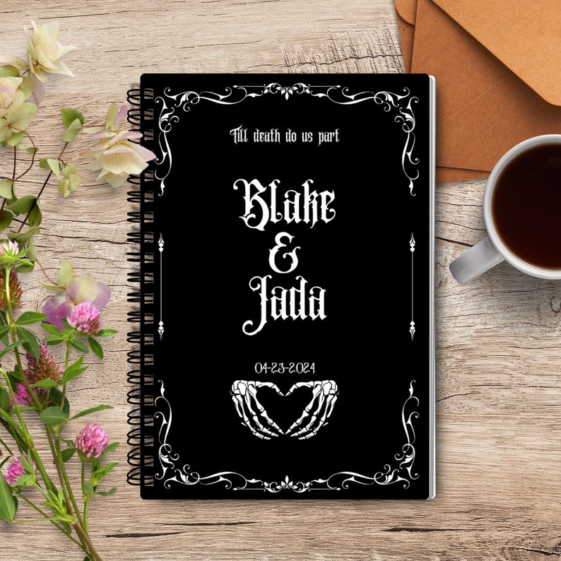 Custom Gothic Wedding Guest Book, Spiral Ruled Line Personalized Black