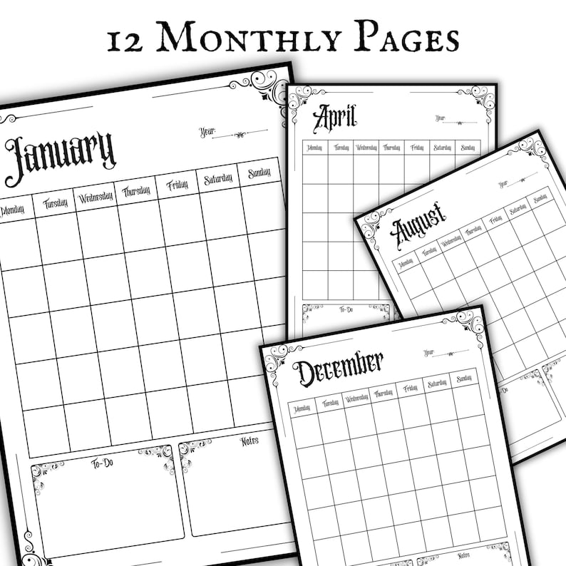 May include: A set of black and white monthly calendar pages. The word "January" is at the top of the largest page, with a grid for daily entries. Other pages show "April", "August", and "December". The text "12 MONTHLY PAGES" is at the top.
