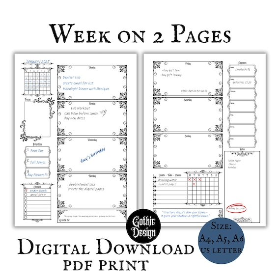 Gothic Undated Weekly Planner Pages Printable Download Week At A Glance Goth Core Downloadable Planner Aesthetic Productivity Weekly Pdf