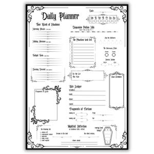 Op de afbeelding: Een zwart-wit dagplanner met decoratieve randen en tekst in gotische stijl. De planner bevat secties voor dagelijkse taken, notities en een weekkalender. De tekst bevat "Daily Planner" en "Bite Ledger".