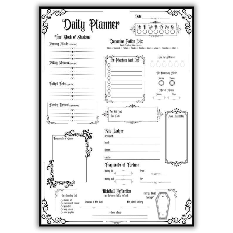 Op de afbeelding: Een zwart-wit dagplanner met decoratieve randen en tekst in gotische stijl. De planner bevat secties voor dagelijkse taken, notities en een weekkalender. De tekst bevat "Daily Planner" en "Bite Ledger".
