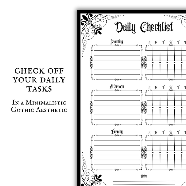 Gotisk daglig checklista Utskrivbar nedladdning Organiserad planerare Gotisk design ADHD-dagbok Daglig spårare Goth Core Estetisk planeraresida bild 4