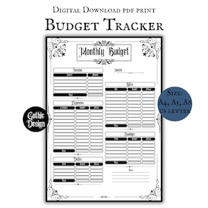 May include: A black and white printable budget tracker with a gothic design. The document includes sections for income, expenses, bills, savings, and debts. The size options are A4, A5, A6, and US Letter.
