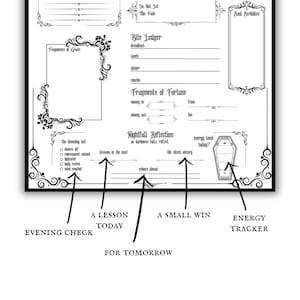 Op de afbeelding: Zwart-wit afdrukbare plannerpagina met decoratieve randen en gotische lettertypen. Bevat secties voor dagelijkse reflecties, een 'Bite Ledger', 'Fragments of Fortune' en een energietracker.