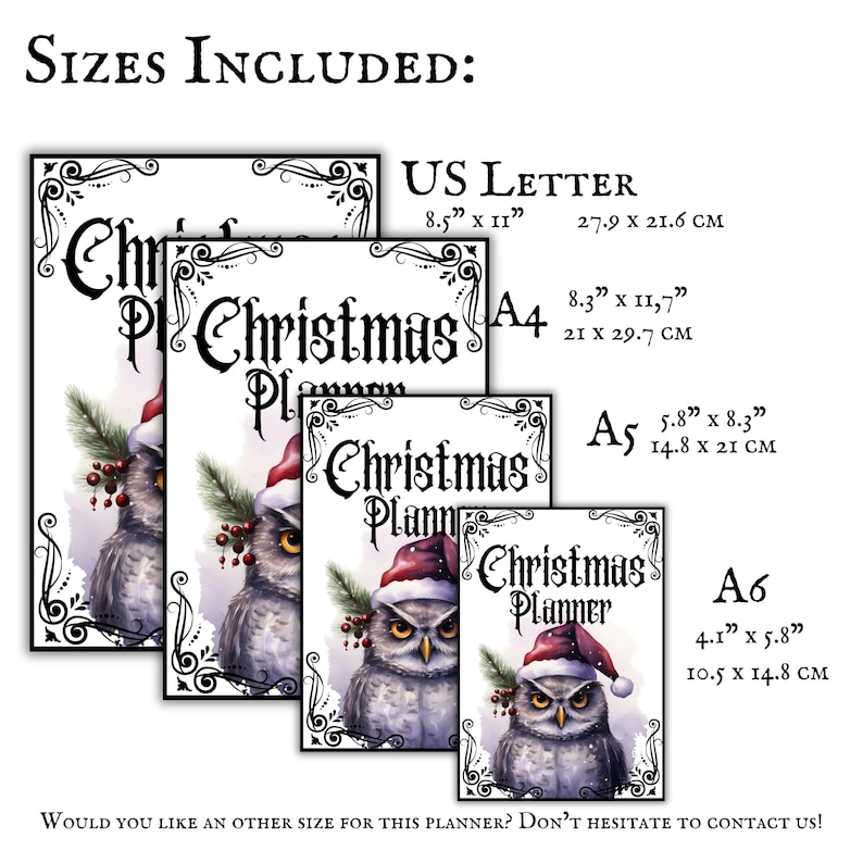 May include: A printable Christmas planner featuring an owl wearing a Santa hat. The planner is available in four sizes: US Letter (8.5 x 11 inches), A4 (8.3 x 11.7 inches), A5 (5.8 x 8.3 inches), and A6 (4.1 x 5.8 inches).