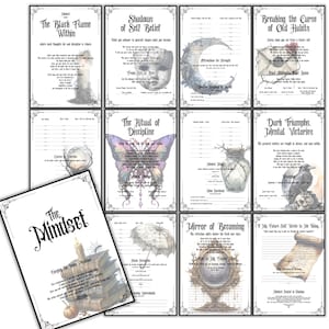 May include: A collection of twelve gothic-style art prints with ornate borders. Each print features evocative imagery and text, including titles like "The Black Flame Within" and "The Mindset." The prints are predominantly black and white with some color accents.