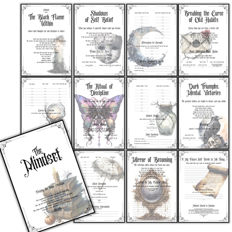 May include: A collection of twelve gothic-style art prints with ornate borders. Each print features evocative imagery and text, including titles like "The Black Flame Within" and "The Mindset." The prints are predominantly black and white with some color accents.