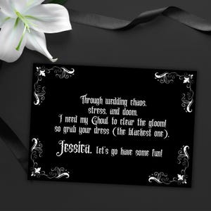 Cartão de proposta de madrinha gótica personalizada, casamento gótico preto, seja minha madrinha, cartão engraçado, casamento escuro, poema gótico pessoal para impressão, download