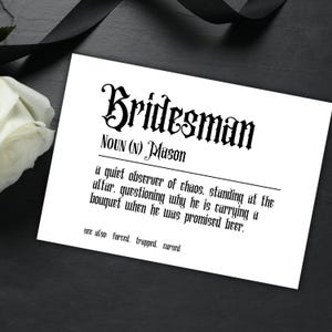 Aangepaste bruidsman voorstelkaart zwarte gotische bruiloft Be My Best Man voorstelkaart grappige donkere bruiloft gepersonaliseerde kaart afdrukbare pdf-download