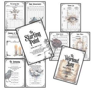 May include: A collection of printable fitness journal pages with gothic-themed illustrations and text. The pages include titles such as "The Starting Point," "Workout Log," and "Body Measurements." The designs feature skeletons, candles, and other spooky elements.