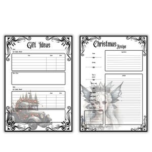 May include: Two printable black and white planner pages with ornate borders. The left page is titled "Gift Ideas" and has a table for listing gifts, budget, store, and price. The right page is titled "Christmas Recipe" and has sections for ingredients, instructions, and notes.