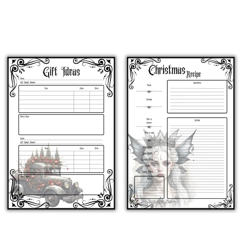 May include: Two printable black and white planner pages with ornate borders. The left page is titled "Gift Ideas" and has a table for listing gifts, budget, store, and price. The right page is titled "Christmas Recipe" and has sections for ingredients, instructions, and notes.