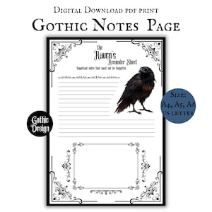 Może przedstawiać: Cyfrowy wydruk PDF zatytułowany "Gothic Notes Page". Projekt zawiera ilustrację czarnego kruka, dekoracyjne obramowania i liniowane miejsca na notatki. Tekst zawiera "The Raven's Reminder Sheet" i "Important notes that must not be forgotten."
