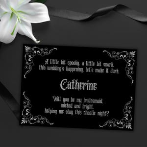Cartão de proposta de madrinha gótica personalizada, casamento gótico preto, seja minha madrinha, cartão engraçado, casamento escuro, poema gótico pessoal para impressão, download