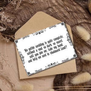 Cartão de proposta de madrinha gótica, cartão de casamento gótico preto, seja minha madrinha, cartão engraçado de casamento escuro, cartão de poema gótico pessoal para impressão em PDF para download