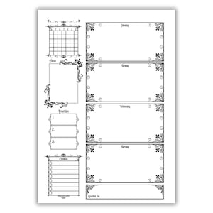 May include: A black and white weekly planner page with decorative floral corner accents. The page includes sections for a calendar, focus, priorities, a checklist, and daily entries for Monday through Friday, plus a section for gratitude.