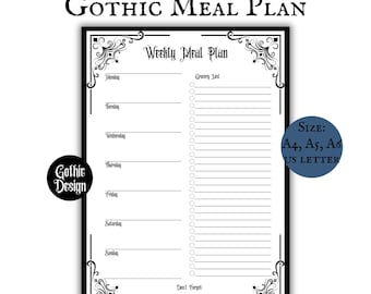 Gothic Weekly Meal Planner Page Printable Download Minimalistic Goth Core Planning Grocery Lists ADHD Food Journal Weekly Meal Tracker