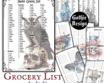 May include: A printable grocery list with a gothic theme. The list is divided into categories such as fruits, vegetables, meat, frozen, seafood, breakfast, pets, and baking. The design features an owl perched on a skull, a butterfly, and an eye.