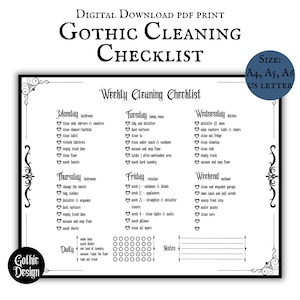 Gothic Reinigung Checkliste Druckbare PDF Seiten Tägliche Wöchentliche Reinigung Organizer Vintage Pagan Kalender ADHS Reinigung Agenda Download Kalender