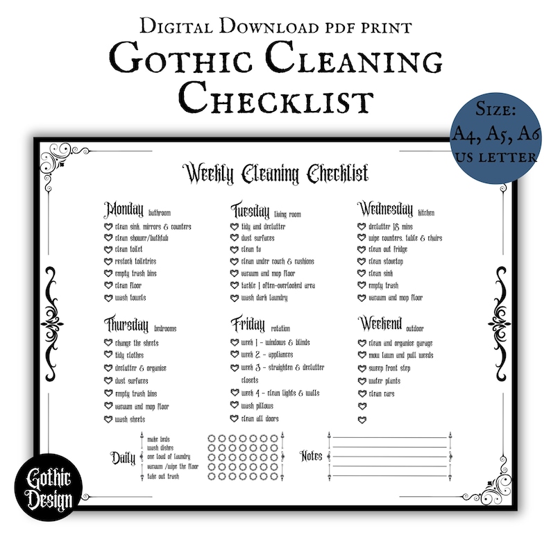 Gothic Cleaning Checklist Printable PDF Pages Daily Weekly Cleaning ...