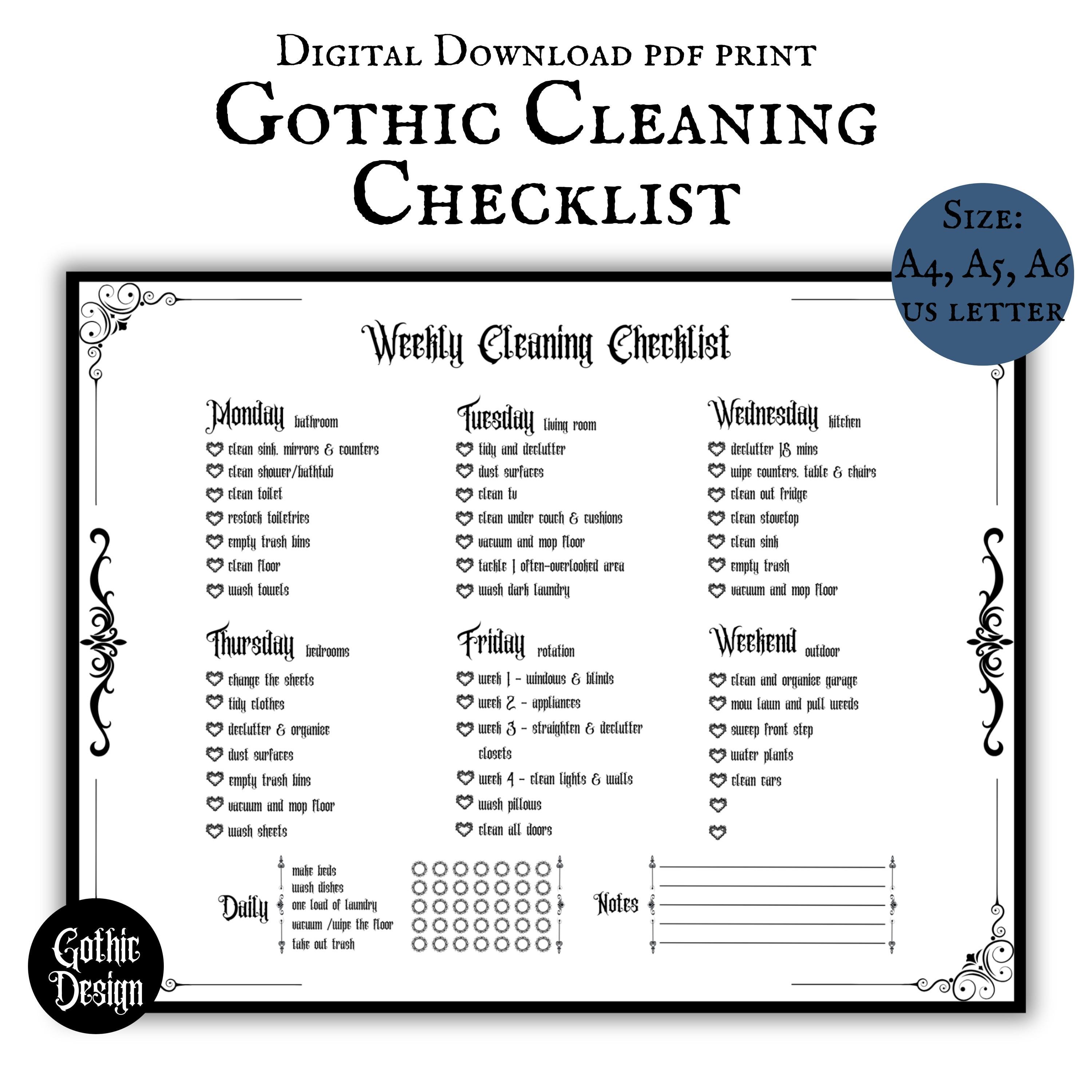 Gothic Cleaning Checklist Printable PDF Pages Daily Weekly Cleaning ...
