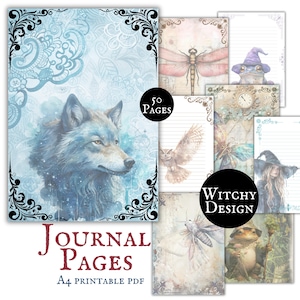 May include: Printable journal pages with a witchy design. The pages feature illustrations of a wolf, dragonfly, owl, and other mystical creatures. The text "Journal Pages" and "A4 Printable PDF" are visible.